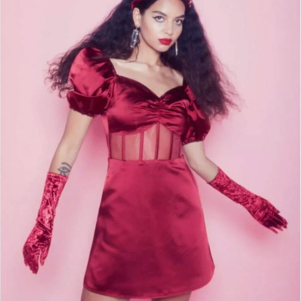Autumn Adeigbo Red Satin Mini Dress with Sheer Corset